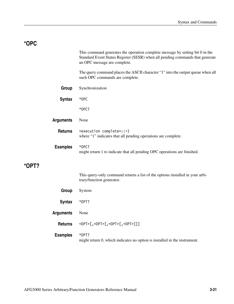 Opc -31 *opt? -31 | Tektronix AFG3000 User Manual | Page 105 / 230