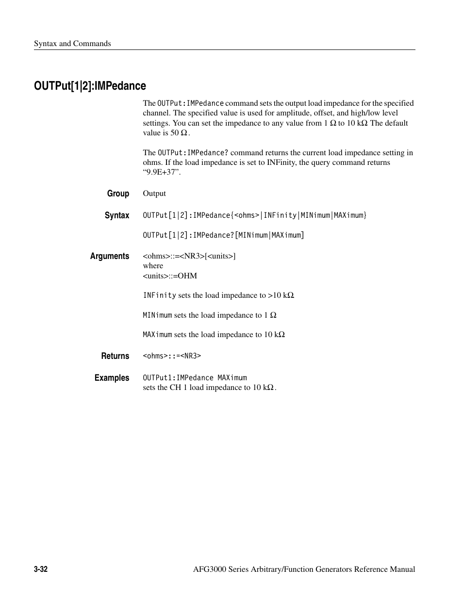 Output[1|2]:impedance, Output[1|2]:impedance -32 | Tektronix AFG3000 User Manual | Page 106 / 230