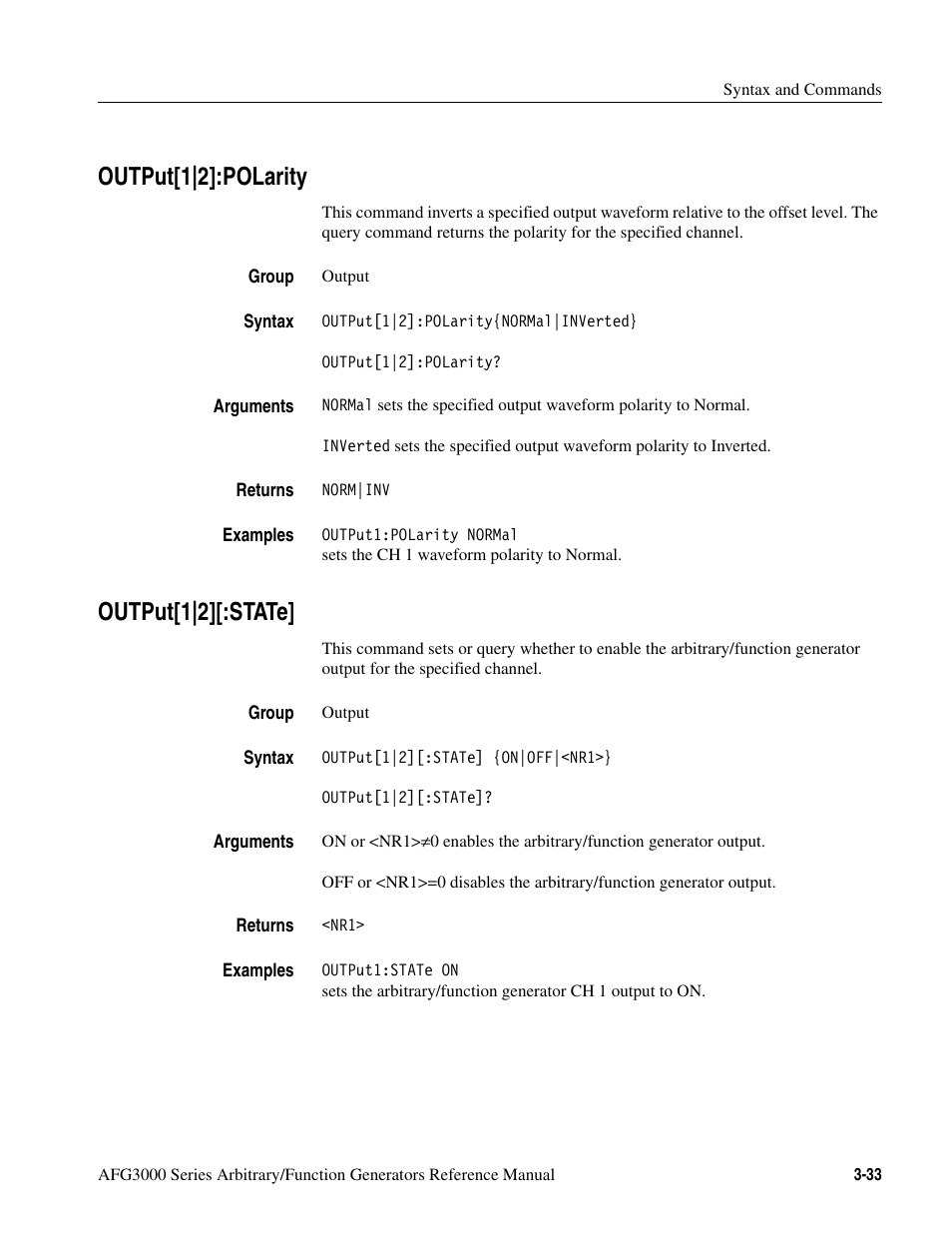 Output[1|2]:polarity, Output[1|2][:state, Output[1|2]:polarity -33 output[1|2][:state] -33 | Tektronix AFG3000 User Manual | Page 107 / 230