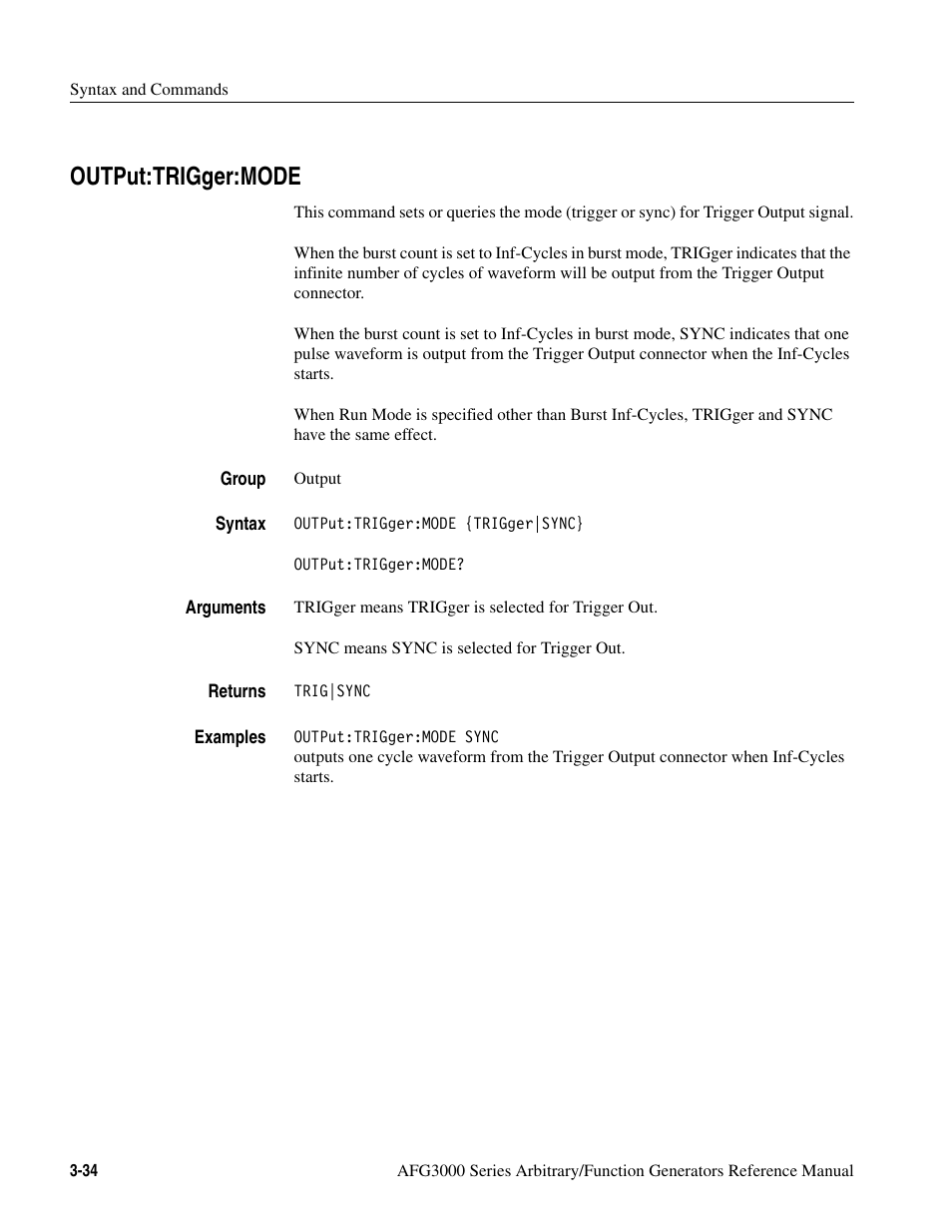 Output:trigger:mode, Output:trigger:mode -34 | Tektronix AFG3000 User Manual | Page 108 / 230