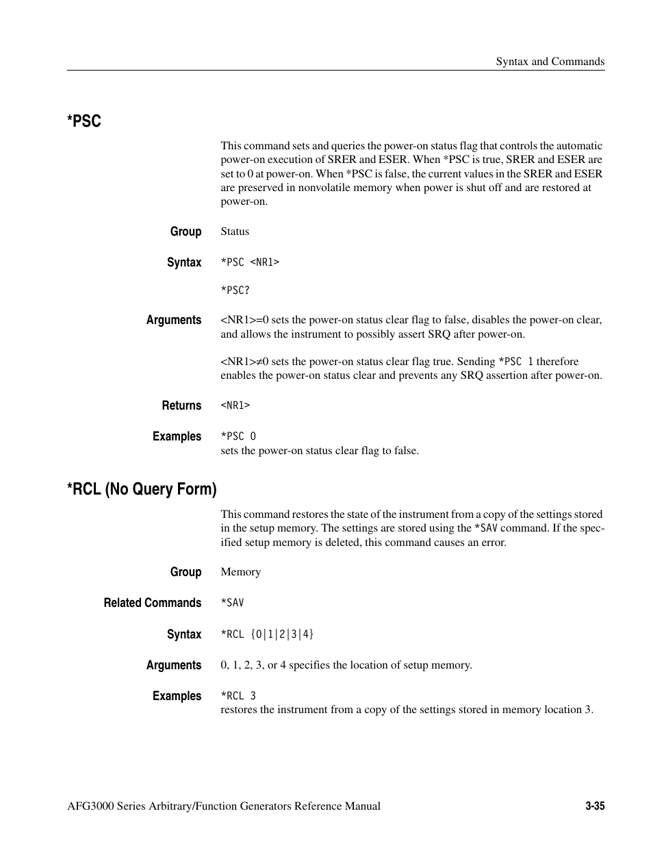 Rcl (no query form), Psc -35 *rcl (no query form) -35 | Tektronix AFG3000 User Manual | Page 109 / 230