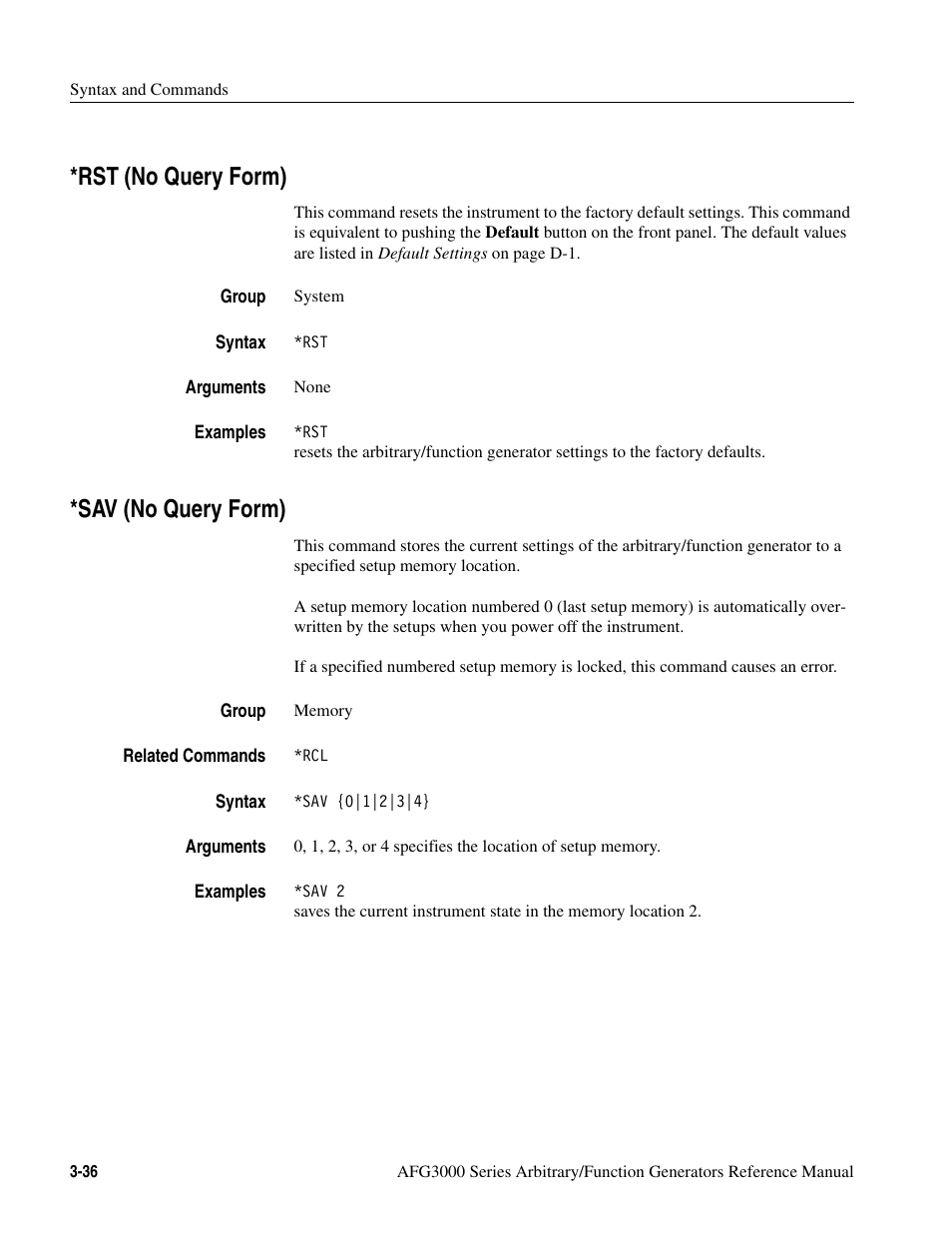 Rst (no query form), Sav (no query form), Rst (no query form) -36 *sav (no query form) -36 | Tektronix AFG3000 User Manual | Page 110 / 230
