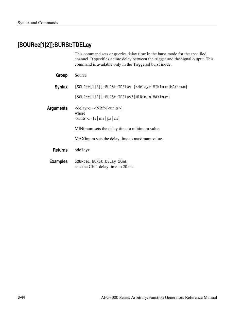 Source[1|2]]:burst:tdelay, Source[1|2]]:burst:tdelay -44 | Tektronix AFG3000 User Manual | Page 118 / 230
