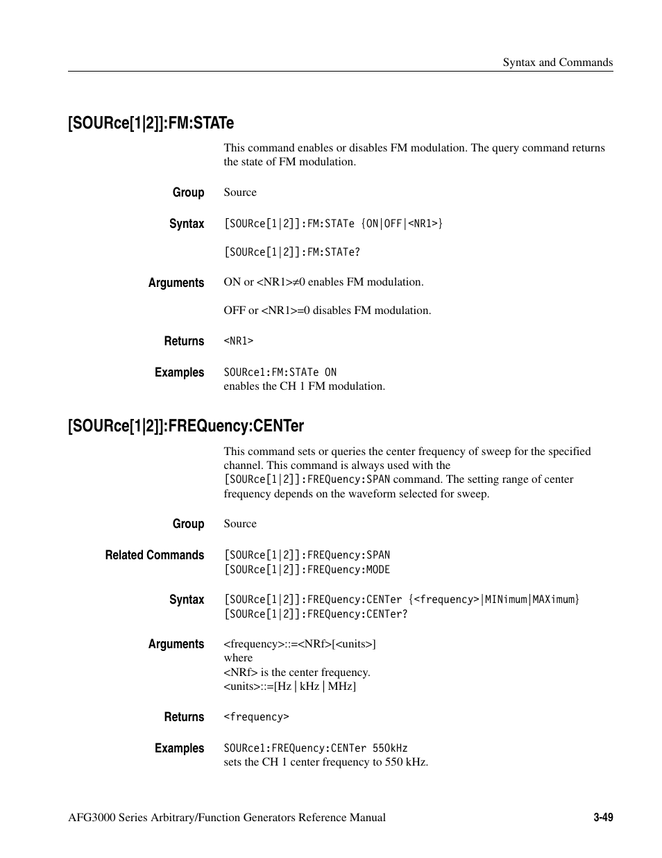 Source[1|2]]:fm:state, Source[1|2]]:frequency:center | Tektronix AFG3000 User Manual | Page 123 / 230