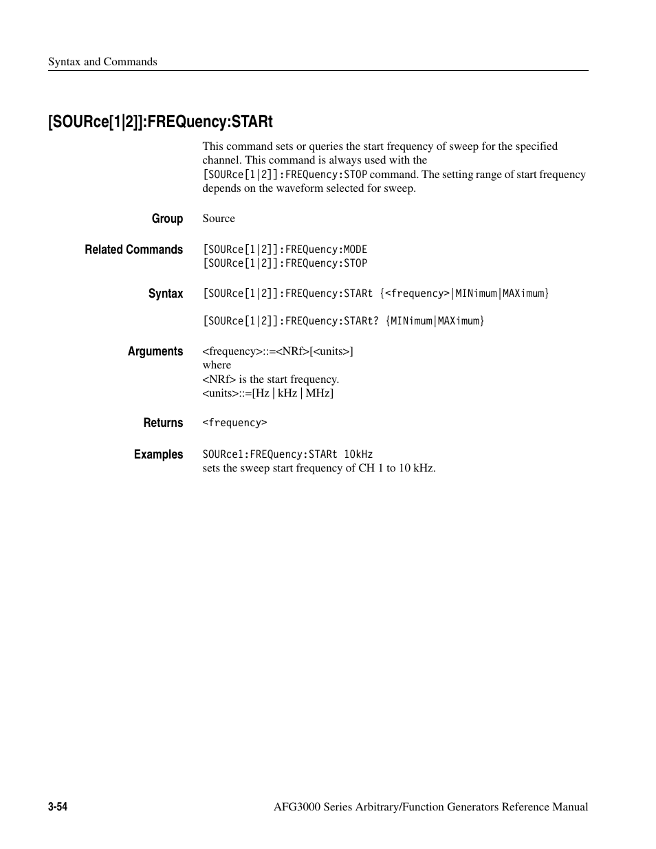 Source[1|2]]:frequency:start, Source[1|2]]:frequency:start -54 | Tektronix AFG3000 User Manual | Page 128 / 230