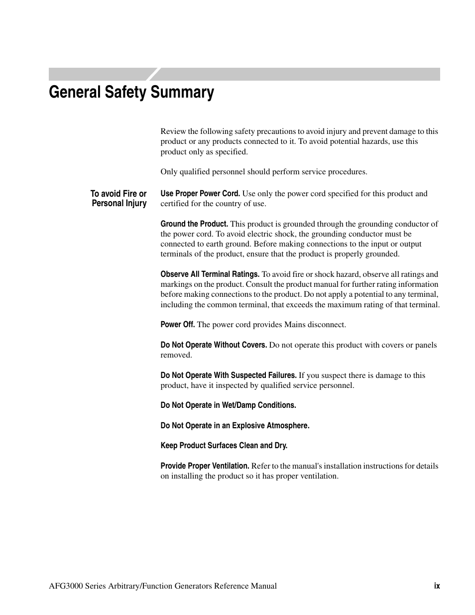 General safety summary | Tektronix AFG3000 User Manual | Page 13 / 230