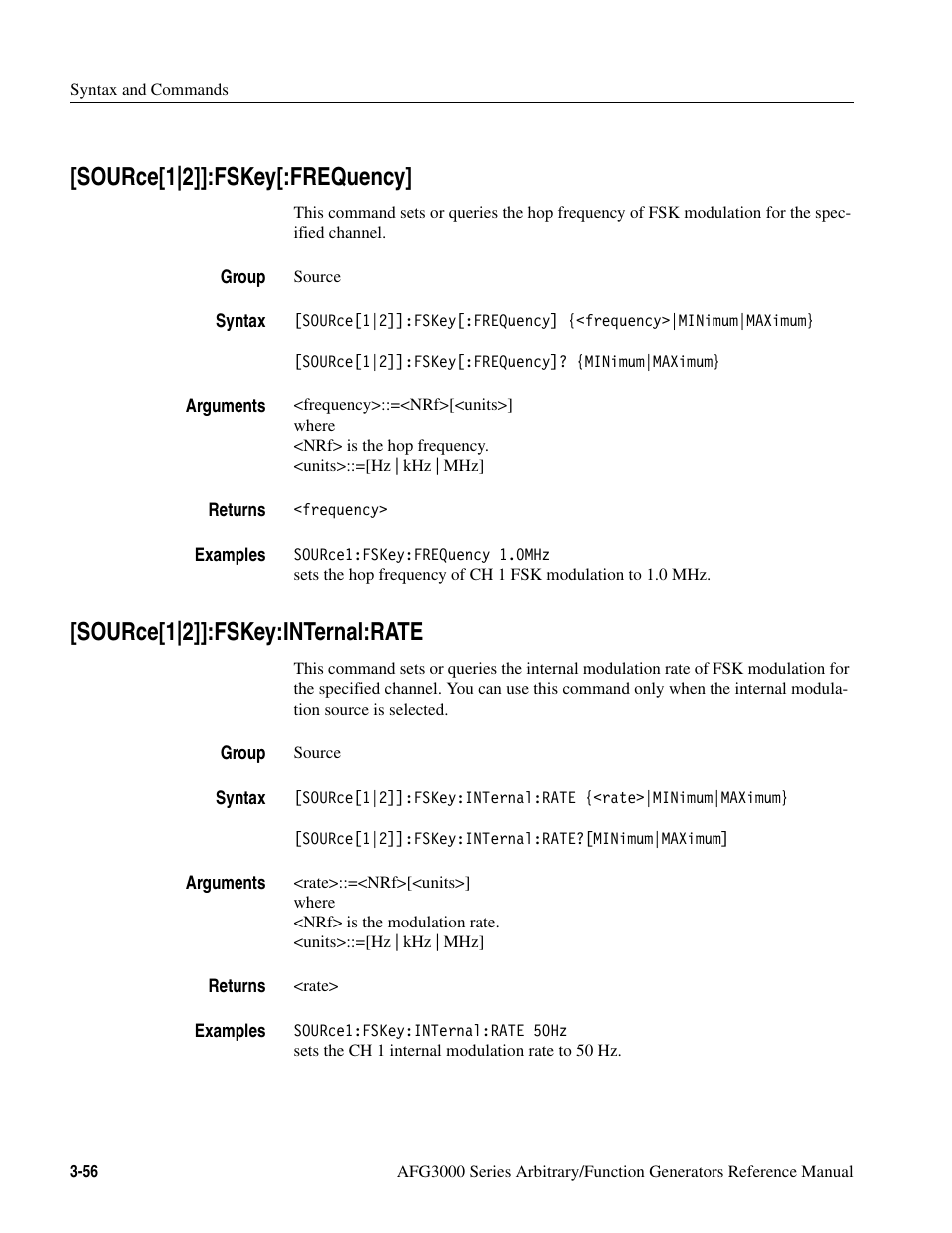 Source[1|2]]:fskey[:frequency, Source[1|2]]:fskey:internal:rate | Tektronix AFG3000 User Manual | Page 130 / 230