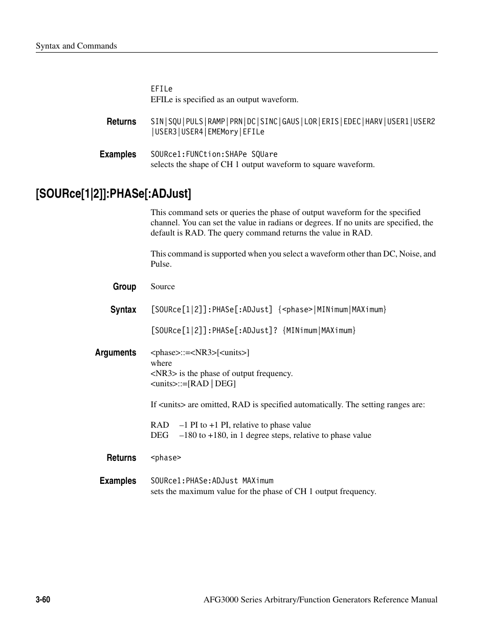 Source[1|2]]:phase[:adjust, Source[1|2]]:phase[:adjust] -60 | Tektronix AFG3000 User Manual | Page 134 / 230