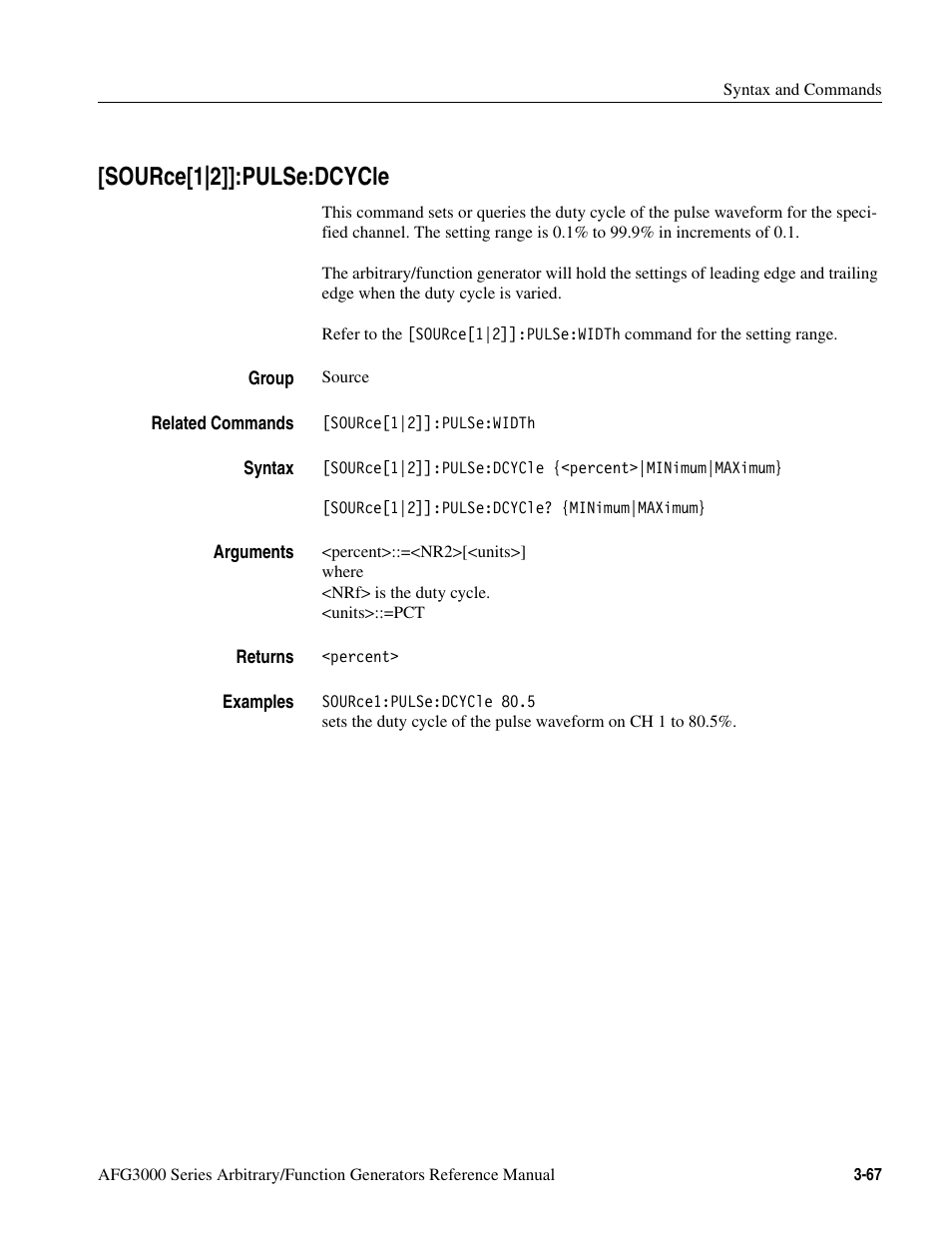 Source[1|2]]:pulse:dcycle, Source[1|2]]:pulse:dcycle -67 | Tektronix AFG3000 User Manual | Page 141 / 230