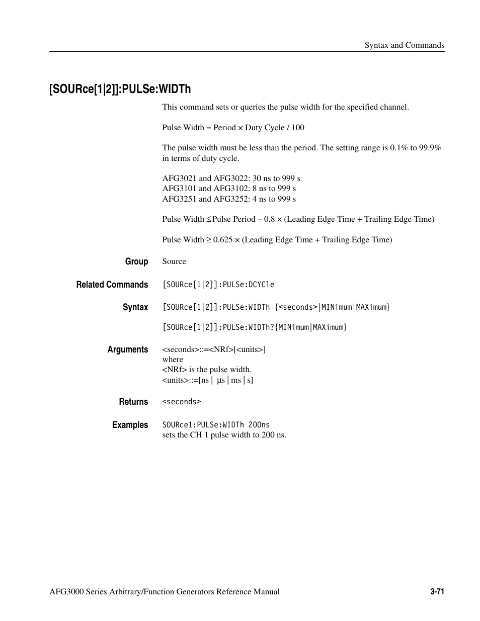 Source[1|2]]:pulse:width, Source[1|2]]:pulse:width -71 | Tektronix AFG3000 User Manual | Page 145 / 230