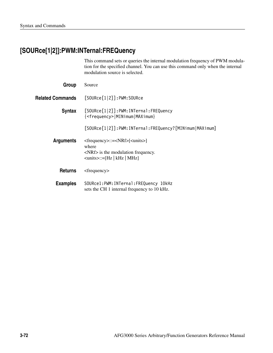 Source[1|2]]:pwm:internal:frequency, Source[1|2]]:pwm:internal:frequency -72 | Tektronix AFG3000 User Manual | Page 146 / 230