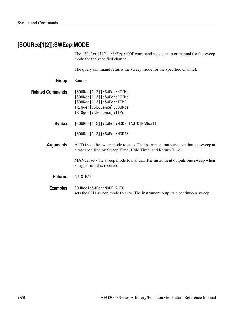 Source[1|2]]:sweep:mode, Source[1|2]]:sweep:mode -78 | Tektronix AFG3000 User Manual | Page 152 / 230