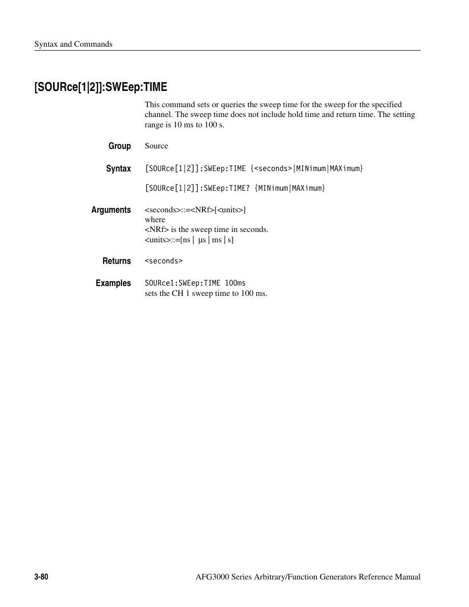 Source[1|2]]:sweep:time, Source[1|2]]:sweep:time -80 | Tektronix AFG3000 User Manual | Page 154 / 230
