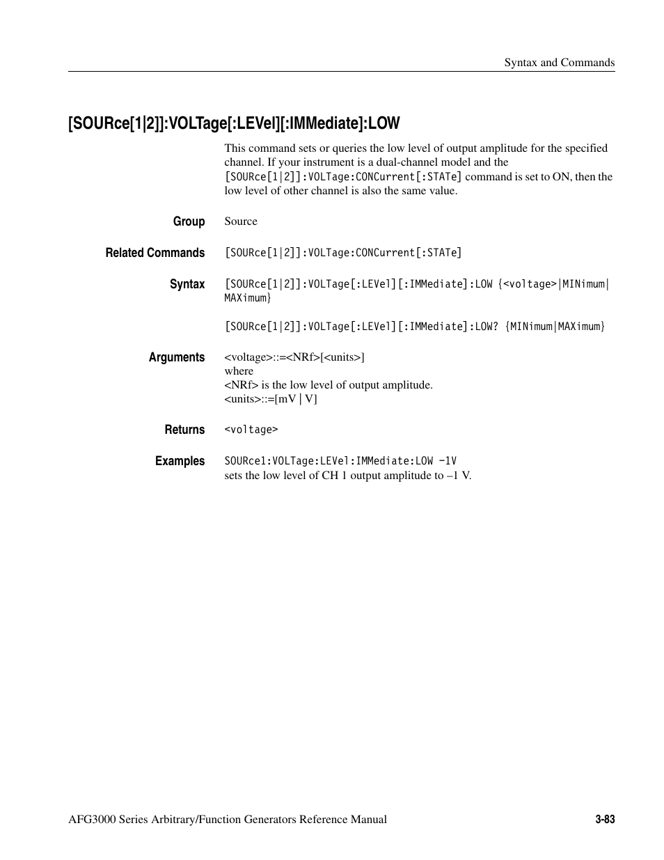 Source[1|2]]:voltage[:level][:immediate]:low, Source[1|2]]:voltage[:level][:immediate]:low -83 | Tektronix AFG3000 User Manual | Page 157 / 230