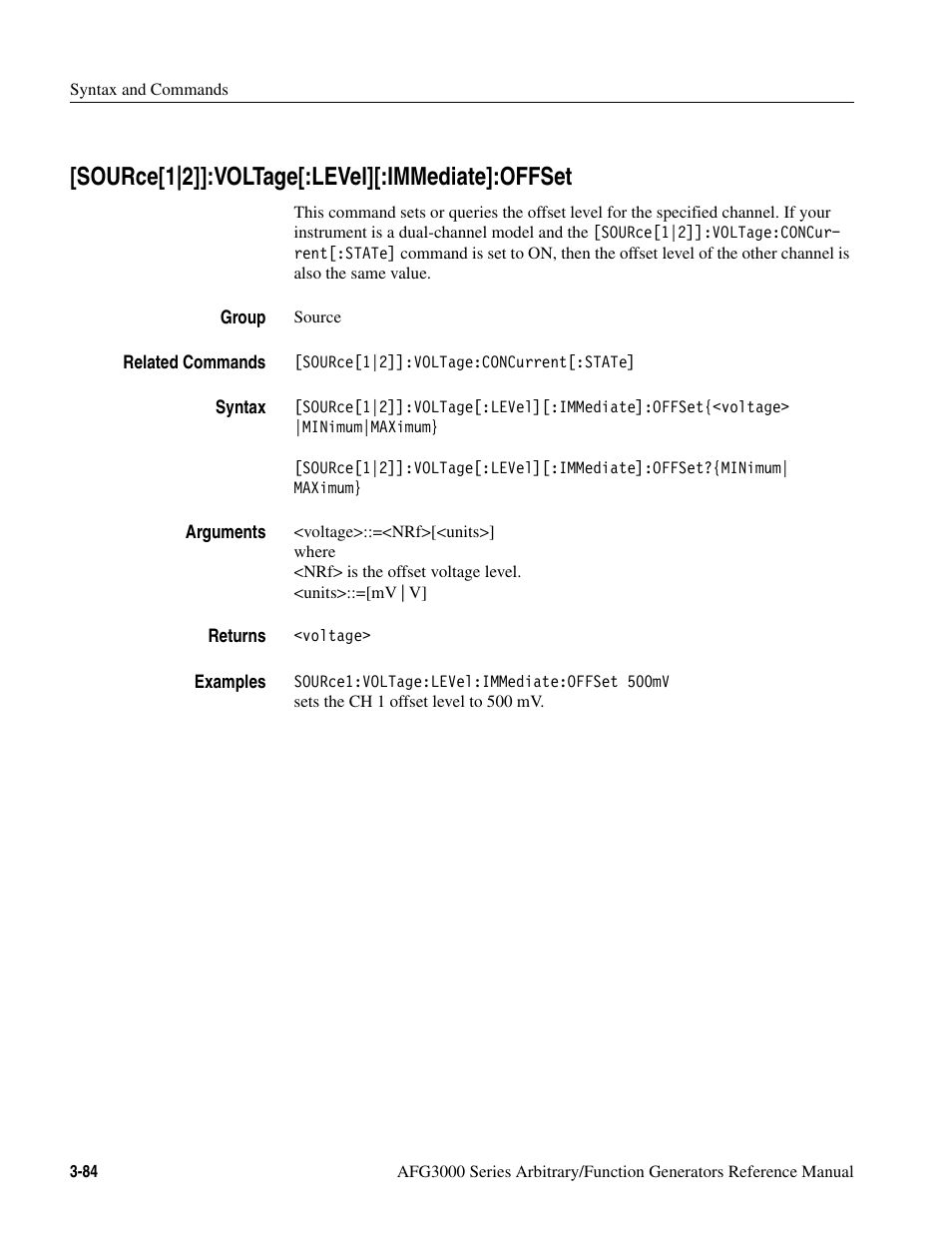 Source[1|2]]:voltage[:level][:immediate]:offset | Tektronix AFG3000 User Manual | Page 158 / 230