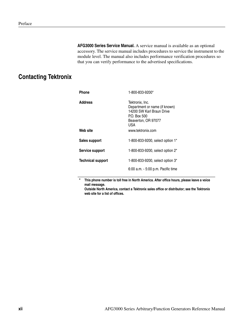 Contacting tektronix | Tektronix AFG3000 User Manual | Page 16 / 230