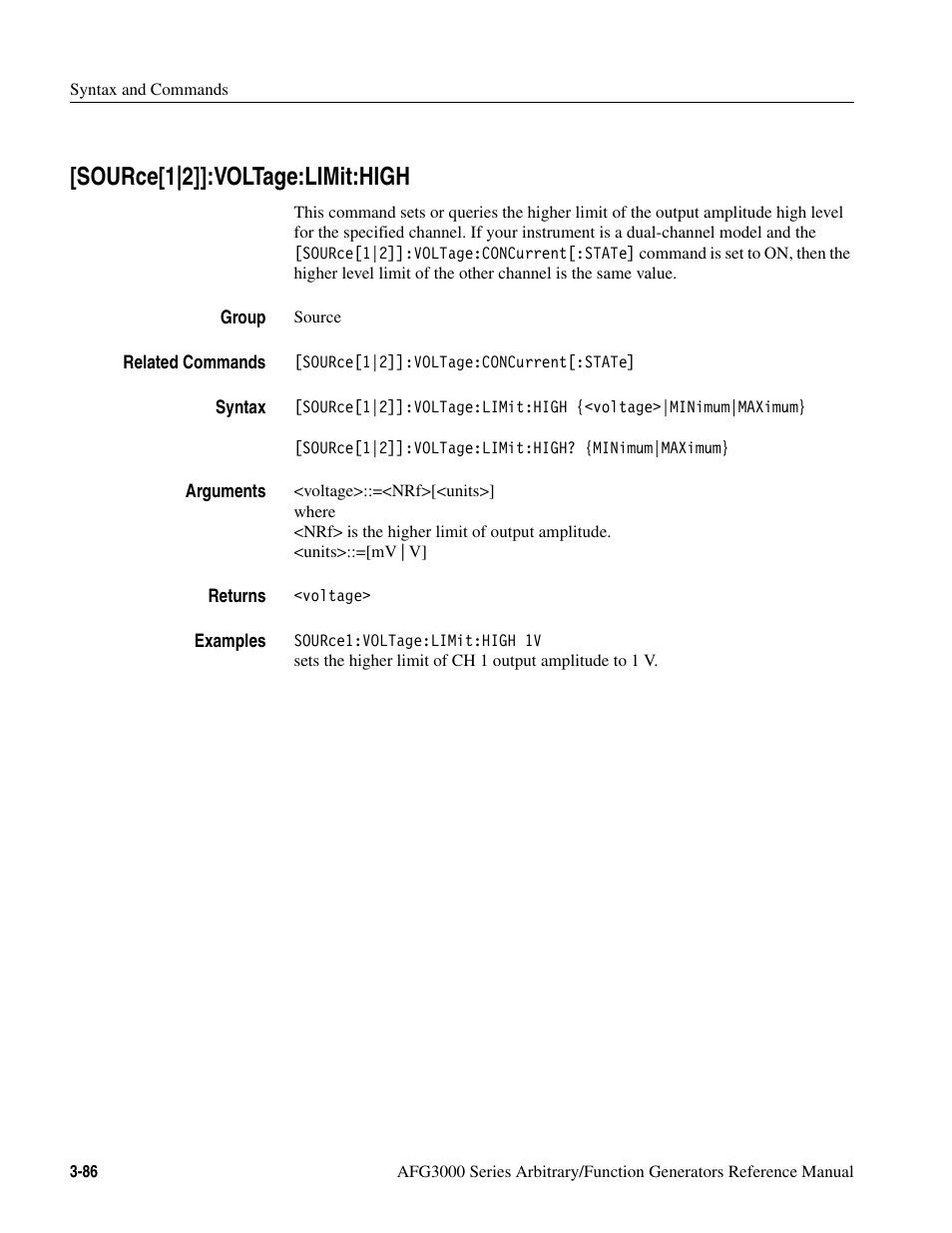 Source[1|2]]:voltage:limit:high, Source[1|2]]:voltage:limit:high -86 | Tektronix AFG3000 User Manual | Page 160 / 230