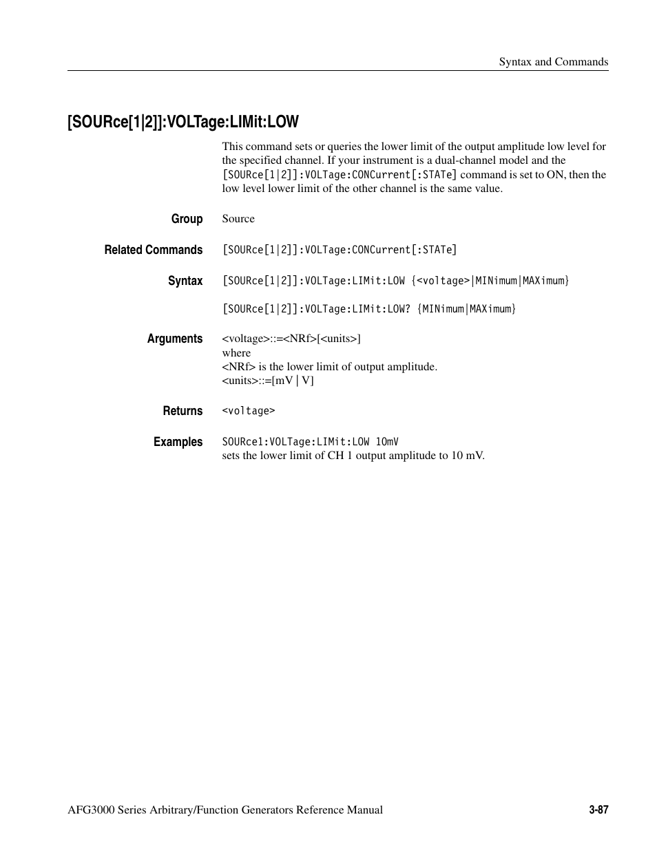 Source[1|2]]:voltage:limit:low, Source[1|2]]:voltage:limit:low -87 | Tektronix AFG3000 User Manual | Page 161 / 230
