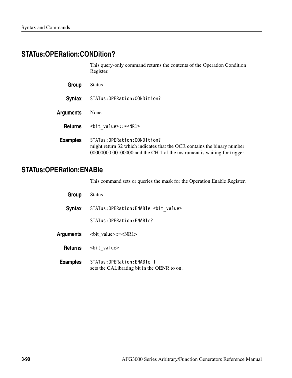Status:operation:condition, Status:operation:enable | Tektronix AFG3000 User Manual | Page 164 / 230