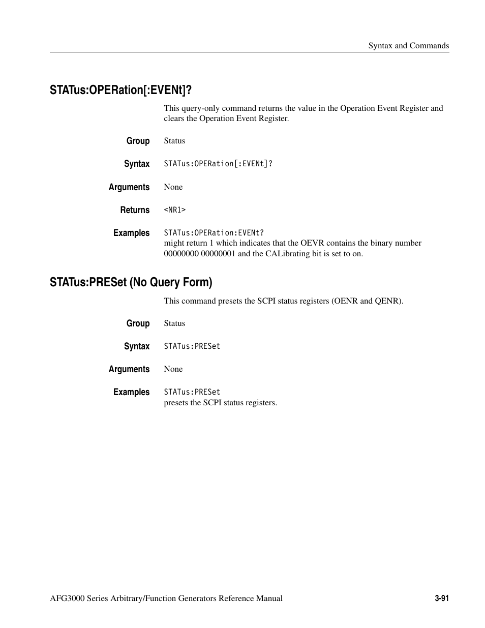 Status:operation[:event, Status:preset (no query form) | Tektronix AFG3000 User Manual | Page 165 / 230