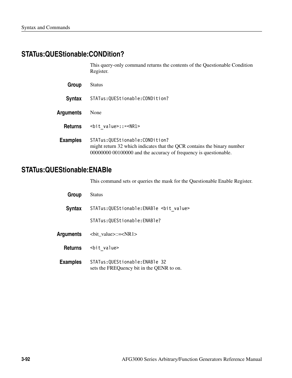 Status:questionable:condition, Status:questionable:enable | Tektronix AFG3000 User Manual | Page 166 / 230