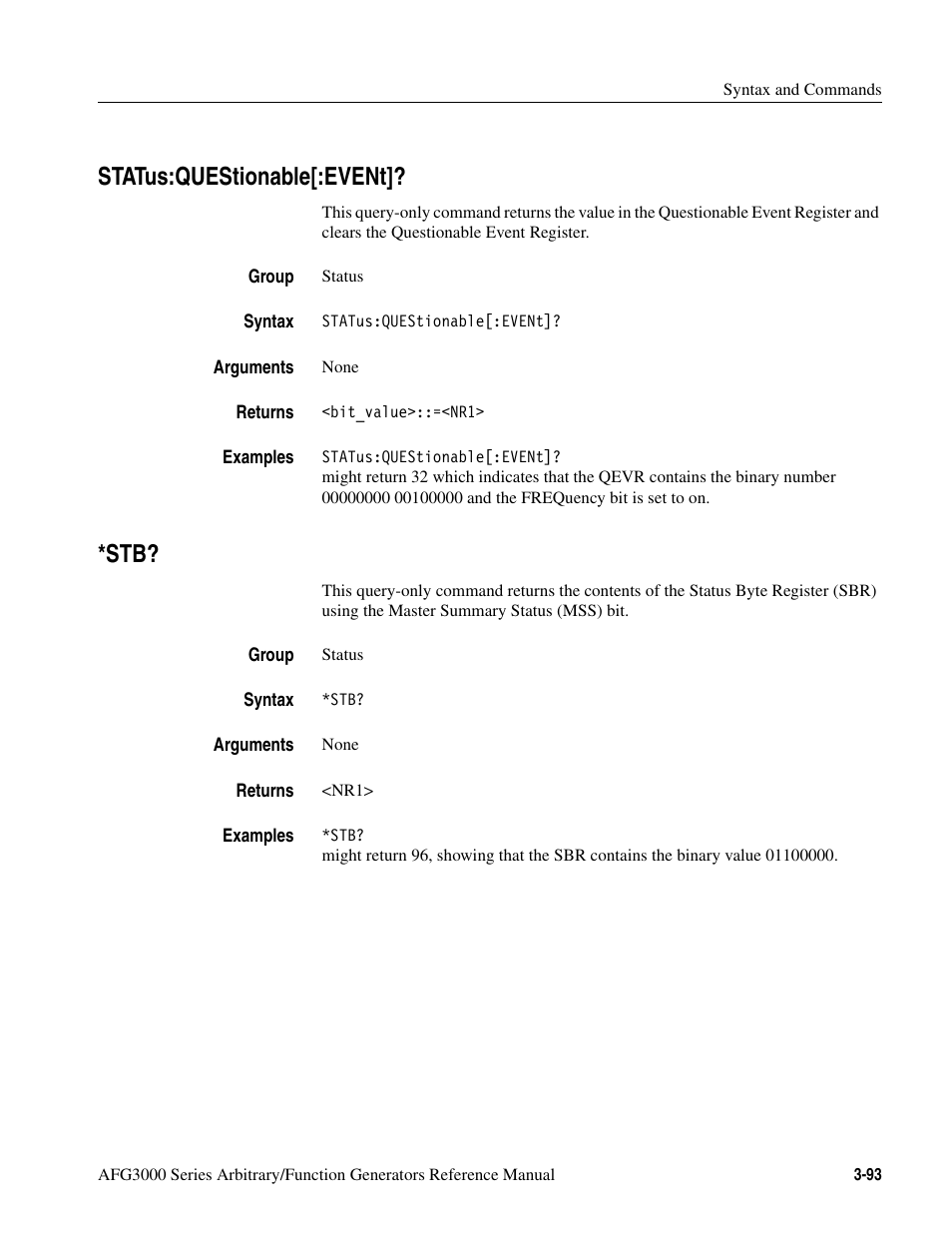 Status:questionable[:event, Status:questionable[:event]? -93 *stb? -93 | Tektronix AFG3000 User Manual | Page 167 / 230