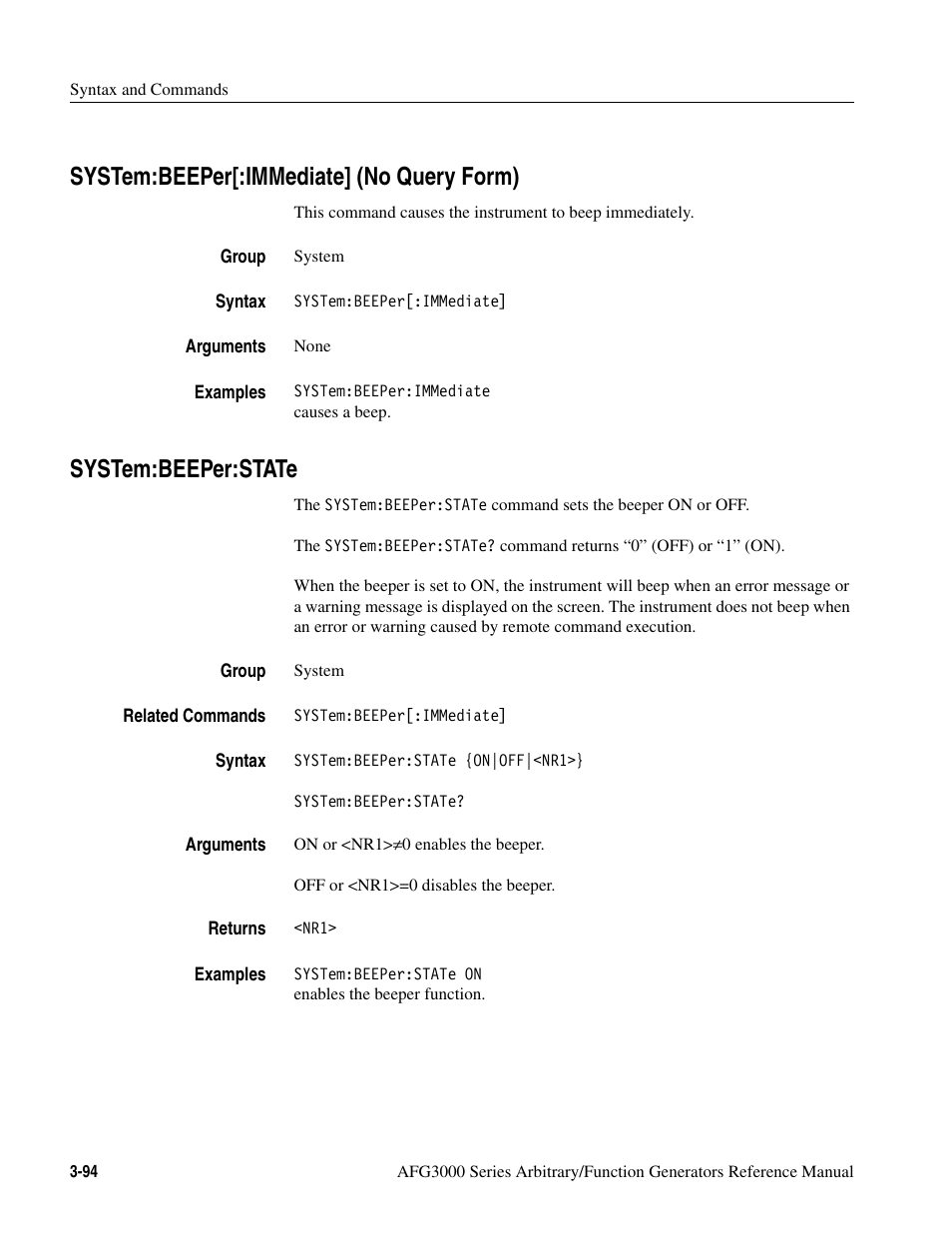 System:beeper[:immediate] (no query form), System:beeper:state | Tektronix AFG3000 User Manual | Page 168 / 230