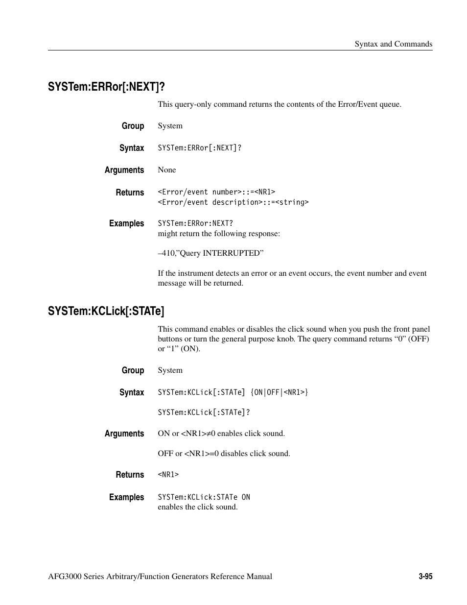 System:error[:next, System:kclick[:state, System:error[:next]? -95 system:kclick[:state] -95 | Tektronix AFG3000 User Manual | Page 169 / 230