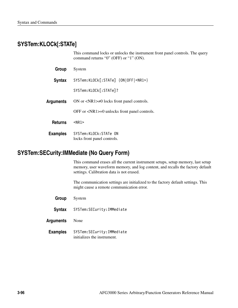 System:klock[:state, System:security:immediate (no query form) | Tektronix AFG3000 User Manual | Page 170 / 230