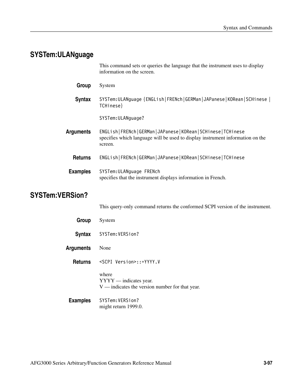 System:ulanguage, System:version, System:ulanguage -97 system:version? -97 | Tektronix AFG3000 User Manual | Page 171 / 230