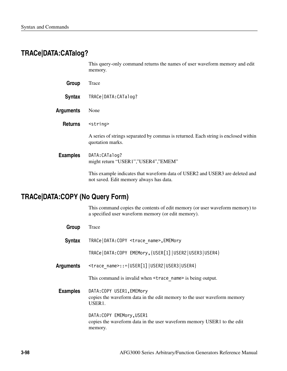 Trace|data:catalog, Trace|data:copy (no query form) | Tektronix AFG3000 User Manual | Page 172 / 230