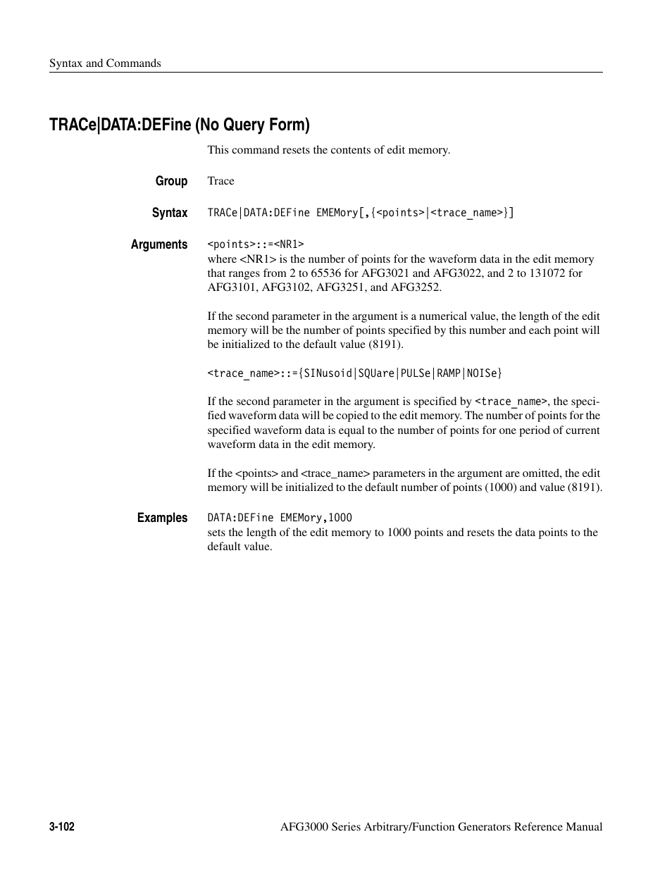 Trace|data:define (no query form), Trace|data:define (no query form) -102 | Tektronix AFG3000 User Manual | Page 176 / 230