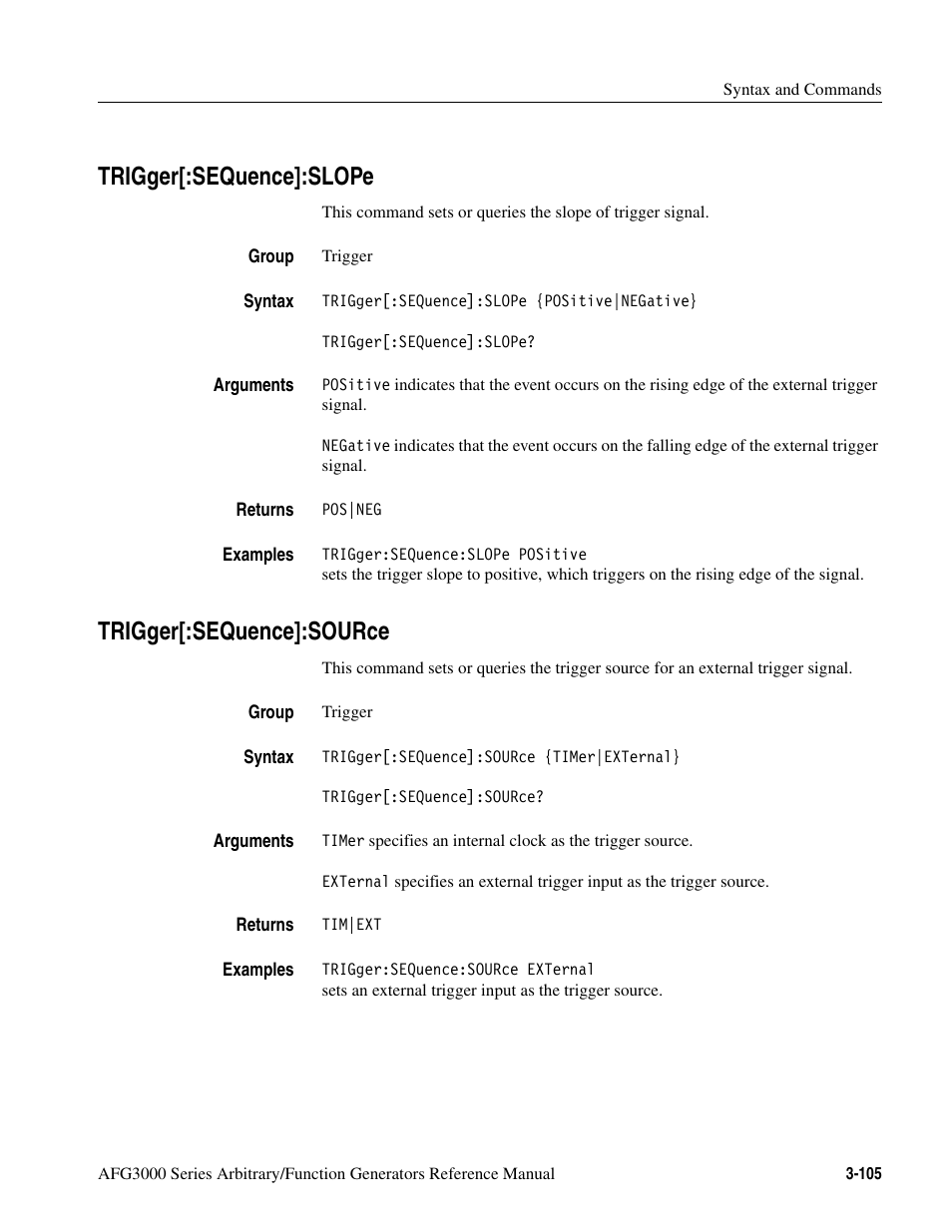 Trigger[:sequence]:slope, Trigger[:sequence]:source | Tektronix AFG3000 User Manual | Page 179 / 230