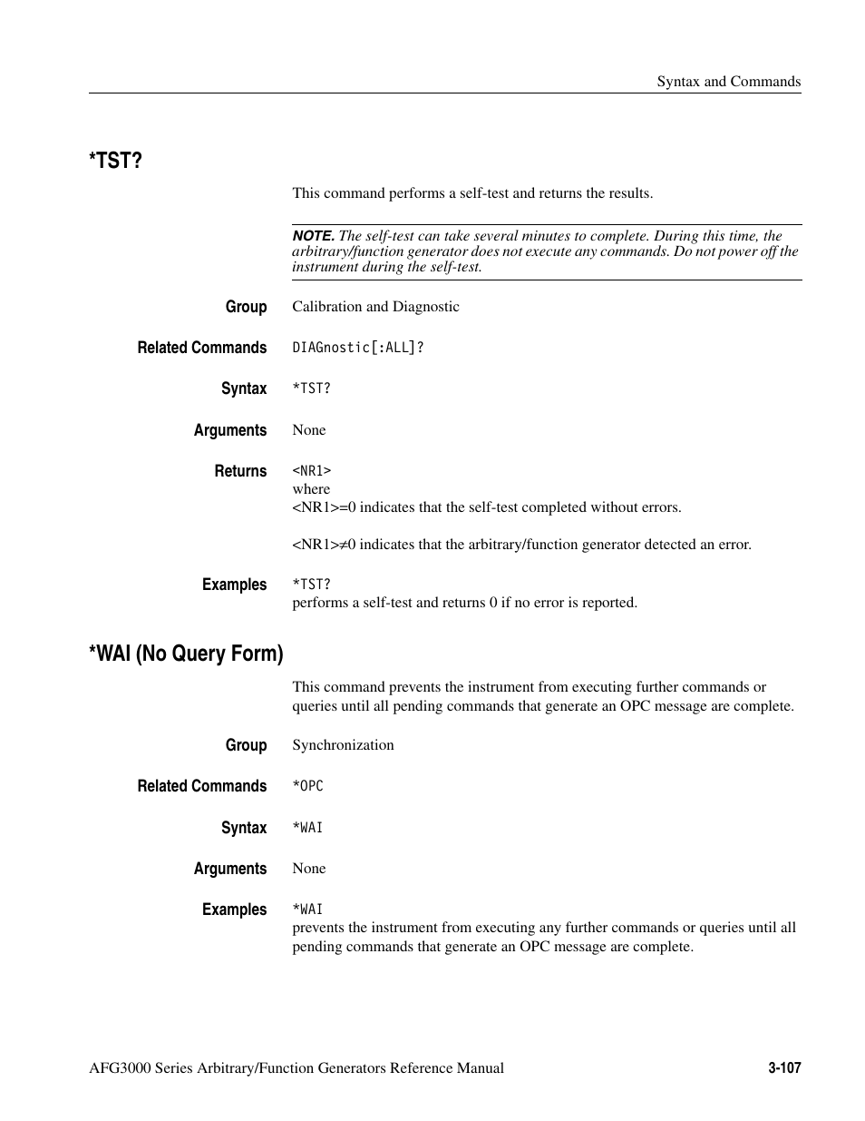 Wai (no query form), Tst? -107 *wai (no query form) -107 | Tektronix AFG3000 User Manual | Page 181 / 230