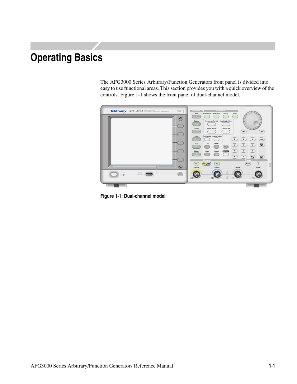 Operating basics, Operating basics -1, Figure 1-1: dual-channel model -1 | Afg 3102 | Tektronix AFG3000 User Manual | Page 19 / 230