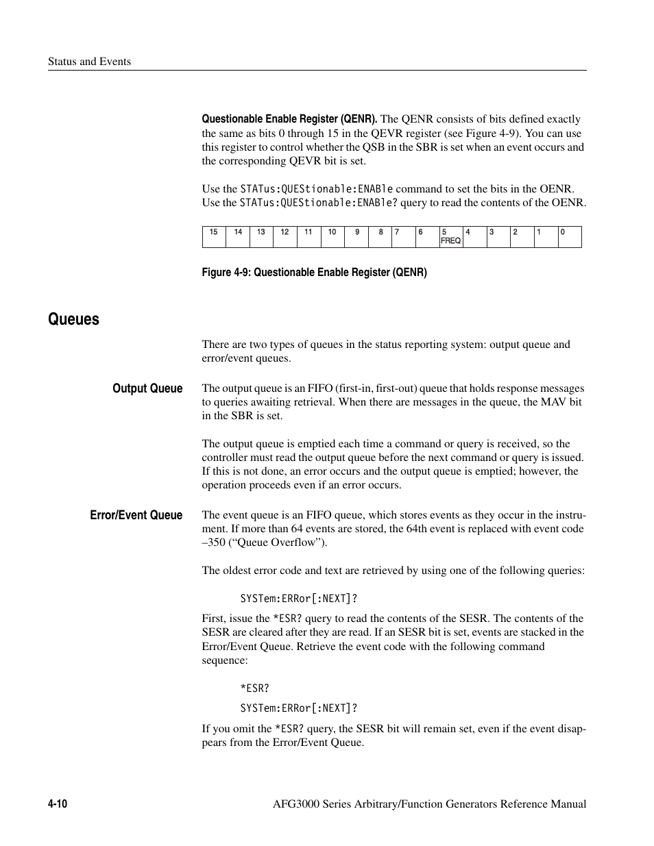 Queues, Queues -10, Output queue | Error/event queue | Tektronix AFG3000 User Manual | Page 194 / 230