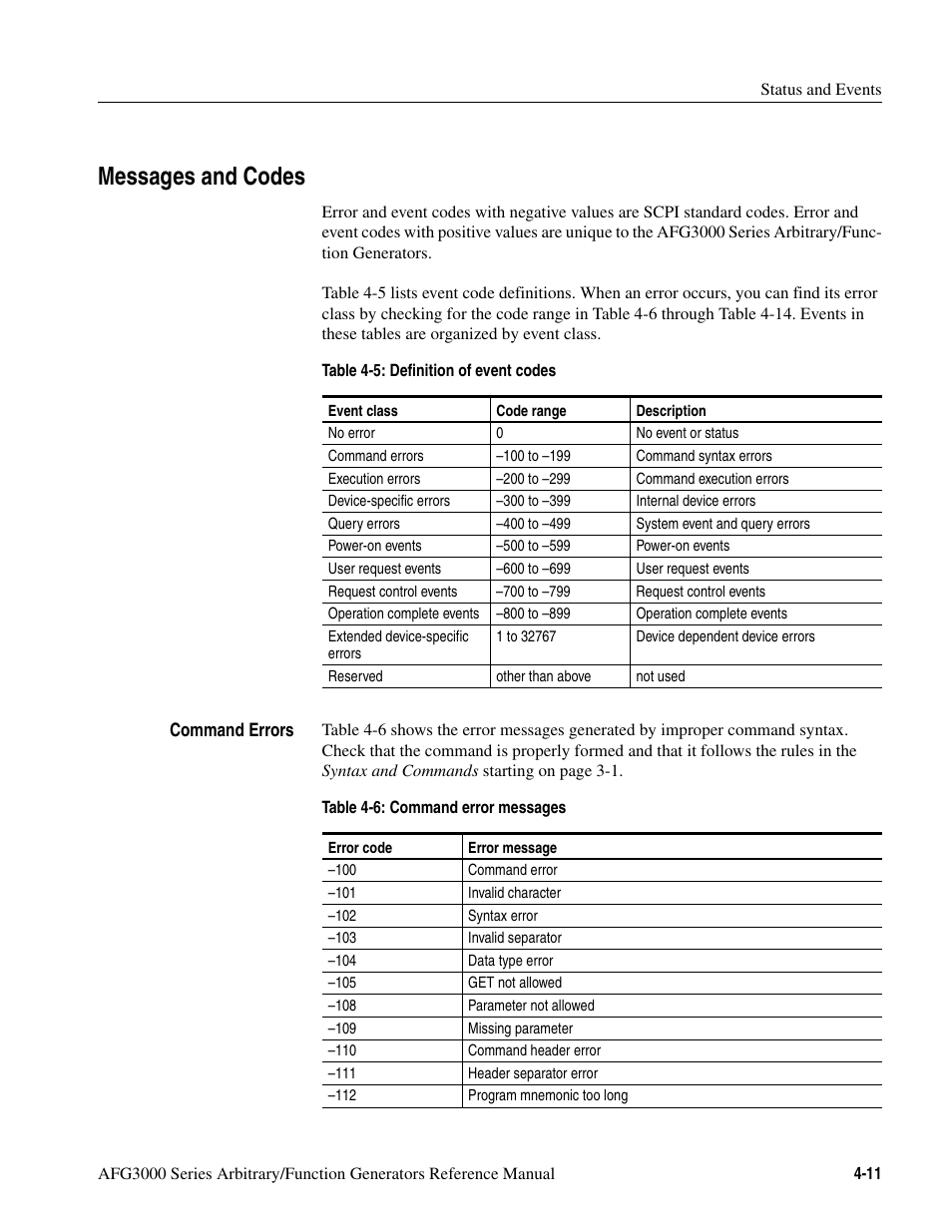 Messages and codes, Messages and codes -11 | Tektronix AFG3000 User Manual | Page 195 / 230