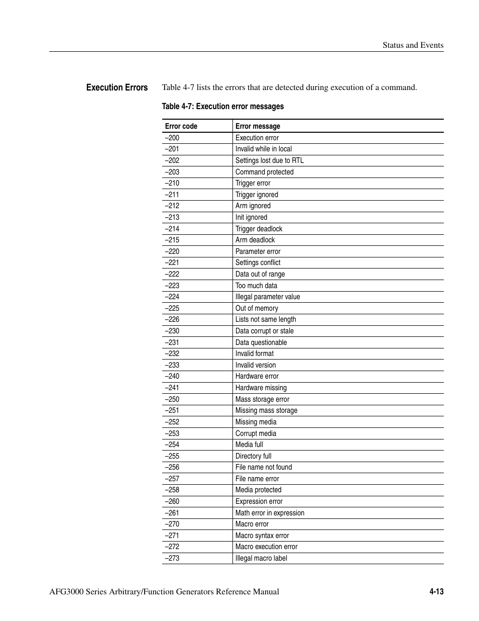 Table 4-7: execution error messages -13 | Tektronix AFG3000 User Manual | Page 197 / 230