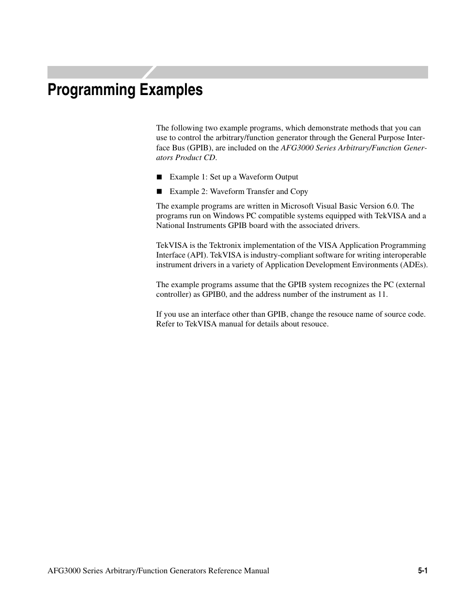 Programming examples, Programming examples -1 | Tektronix AFG3000 User Manual | Page 205 / 230
