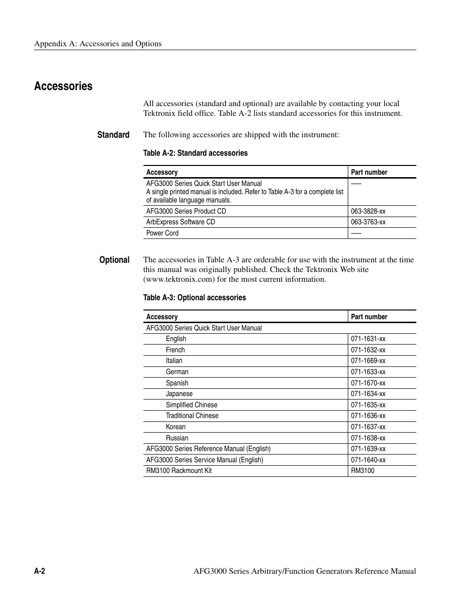 Accessories | Tektronix AFG3000 User Manual | Page 212 / 230