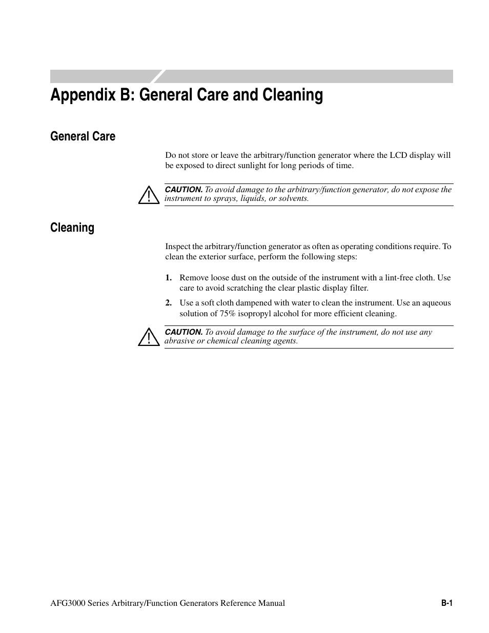 Appendix b: general care and cleaning, General care, Cleaning | General care and cleaning | Tektronix AFG3000 User Manual | Page 215 / 230