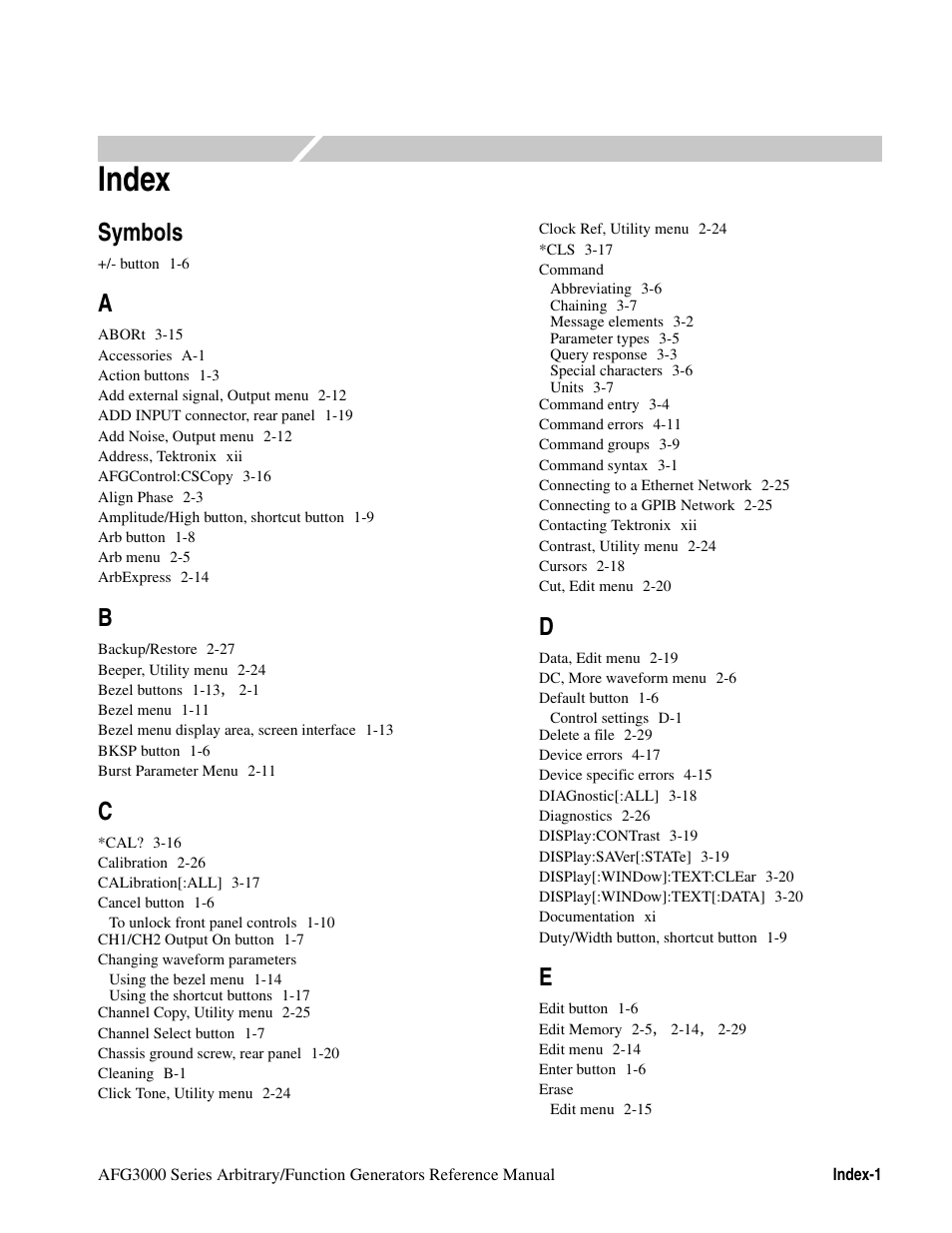Index, Index-1, Symbols | Tektronix AFG3000 User Manual | Page 225 / 230