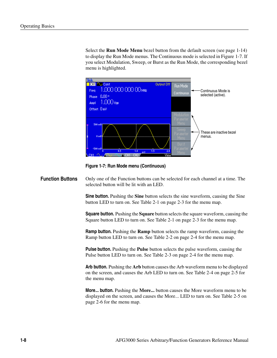 Figure 1-7: run mode menu (continuous) -8 | Tektronix AFG3000 User Manual | Page 26 / 230