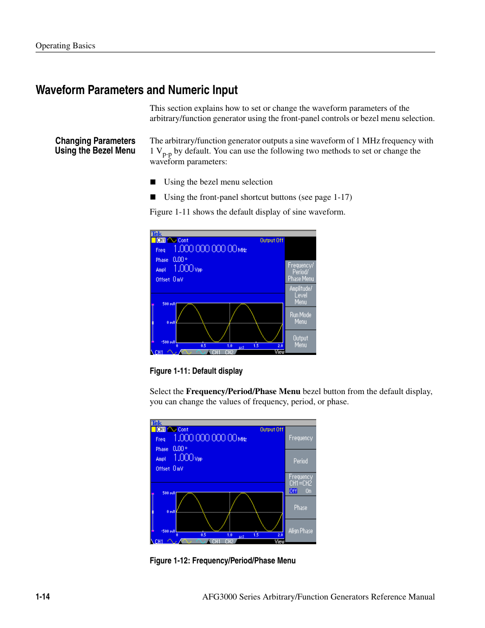 Waveform parameters and numeric input, Waveform parameters and numeric input -14 | Tektronix AFG3000 User Manual | Page 32 / 230
