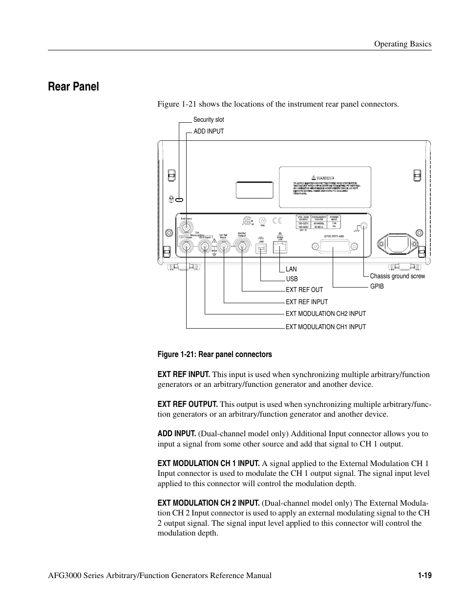 Rear panel, Rear panel -19, Figure 1-21: rear panel connectors -19 | Tektronix AFG3000 User Manual | Page 37 / 230