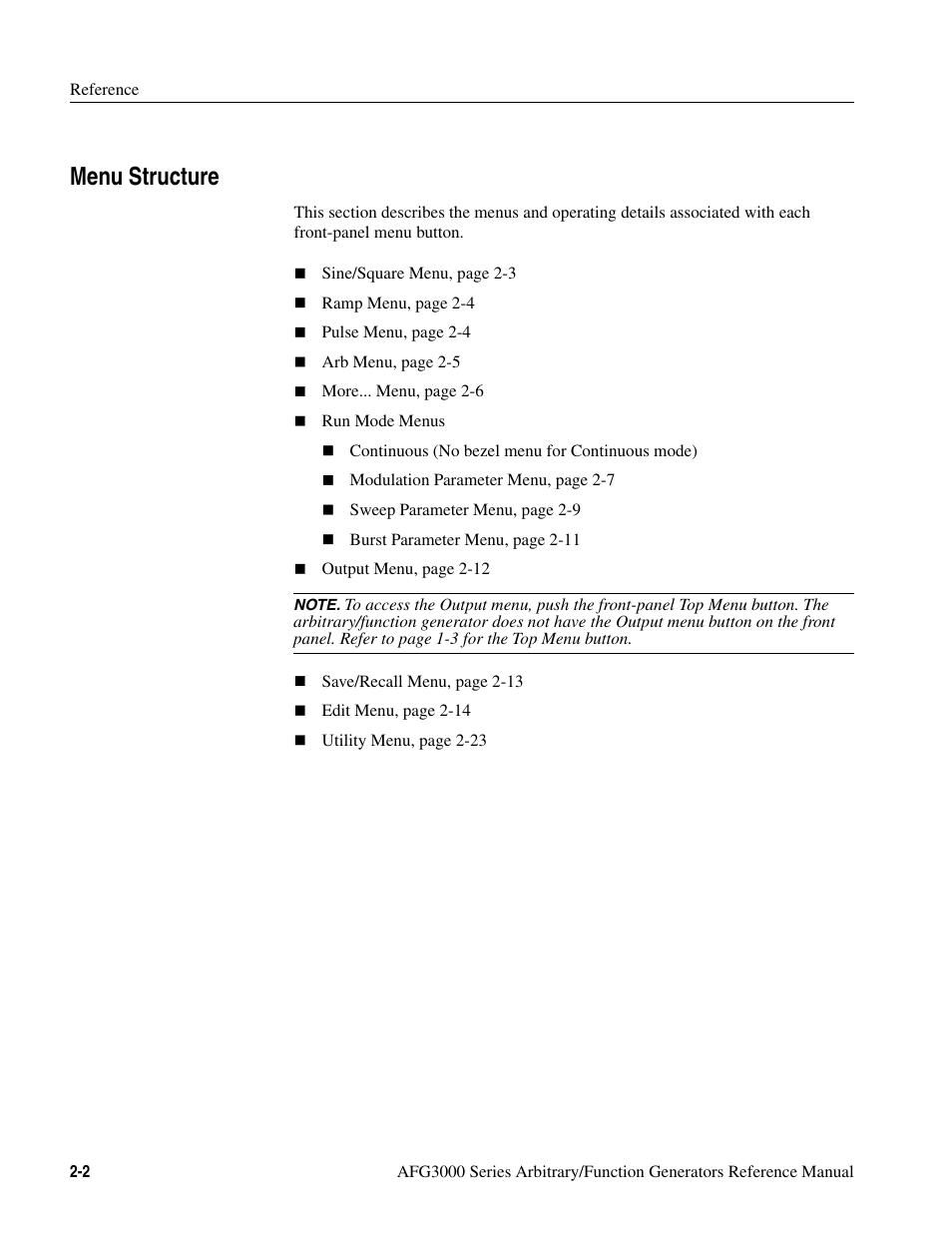 Menu structure, Menu structure -2 | Tektronix AFG3000 User Manual | Page 42 / 230