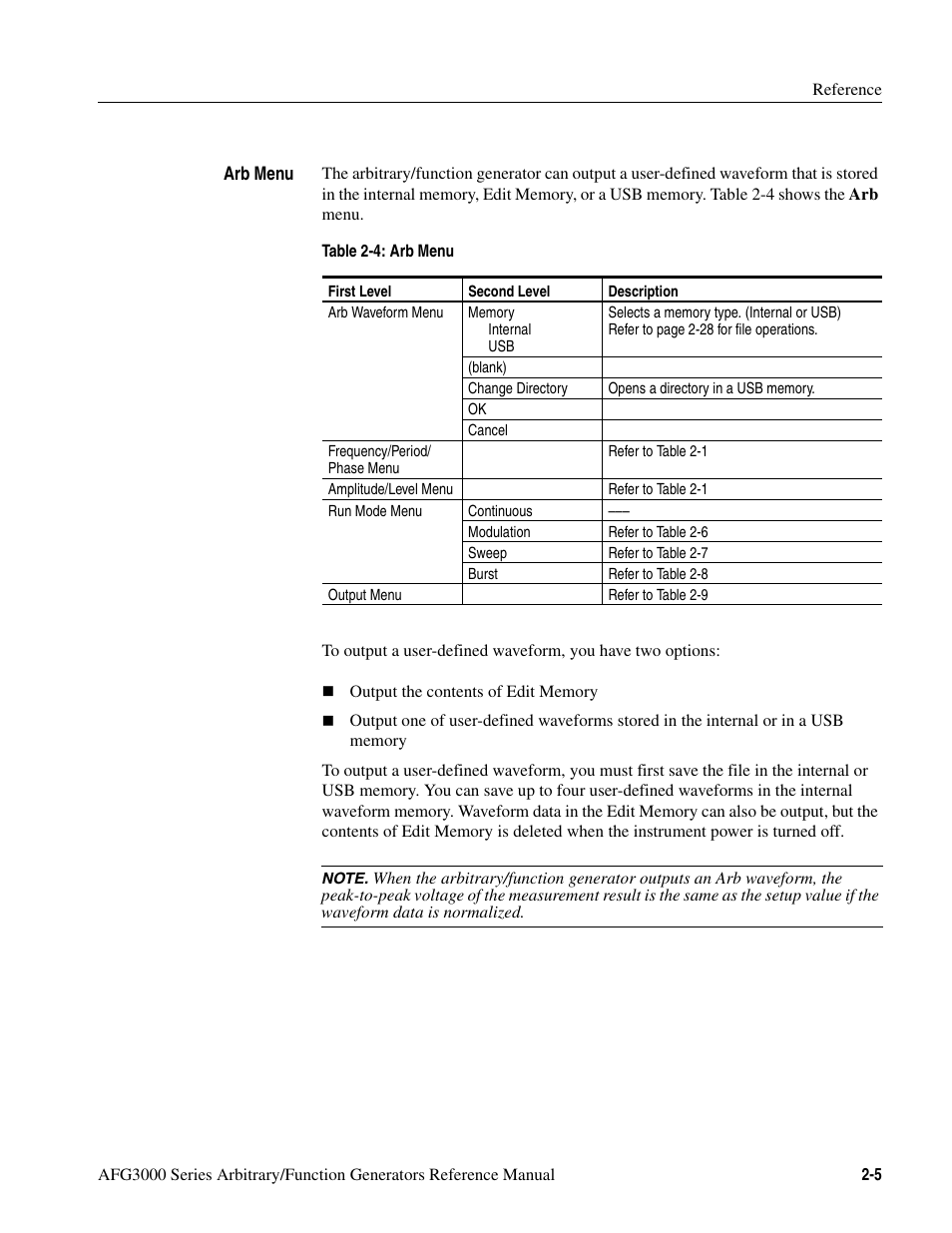 Table 2-4: arb menu -5 | Tektronix AFG3000 User Manual | Page 45 / 230