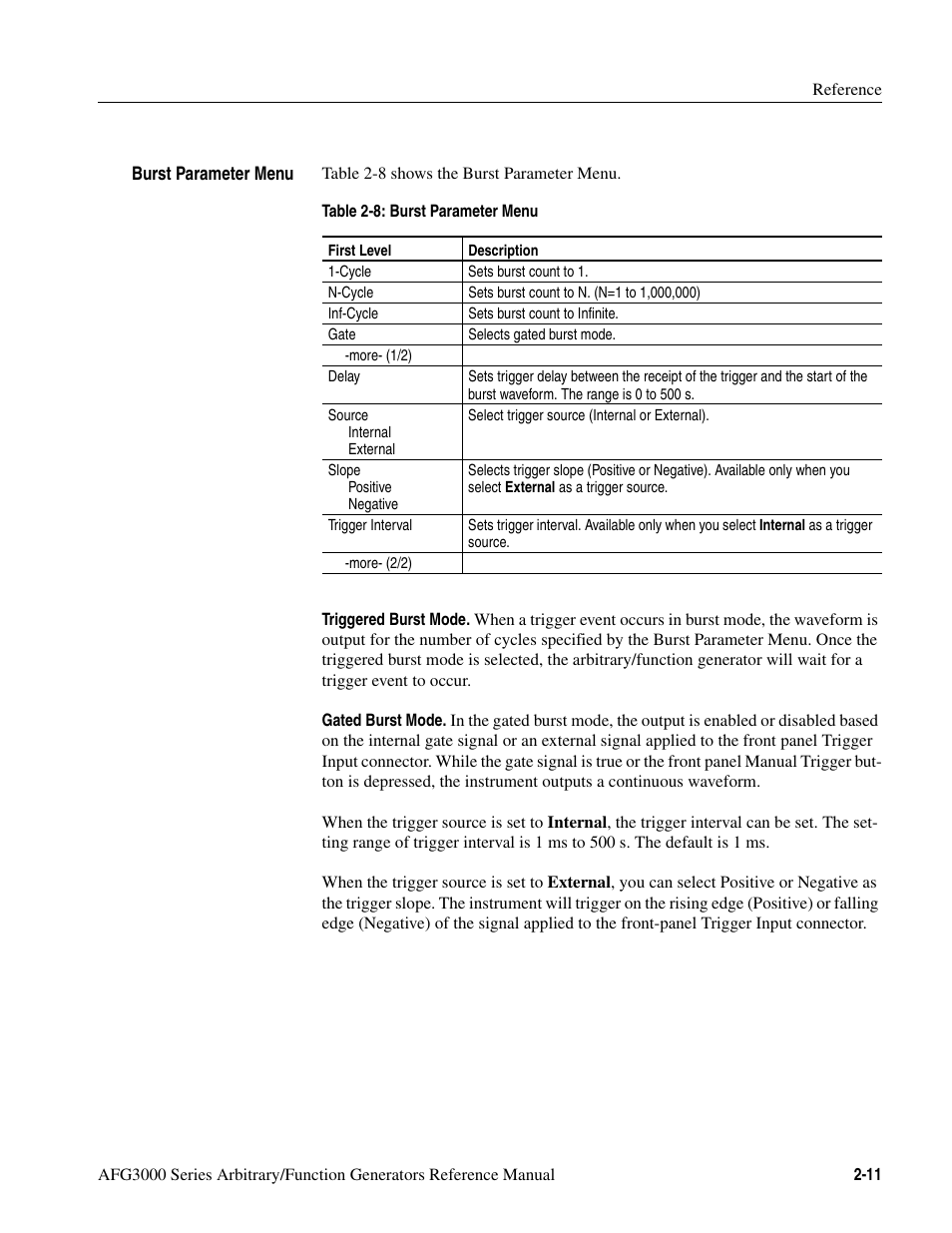 Table 2-8: burst parameter menu -11, Er to table 2-8 | Tektronix AFG3000 User Manual | Page 51 / 230