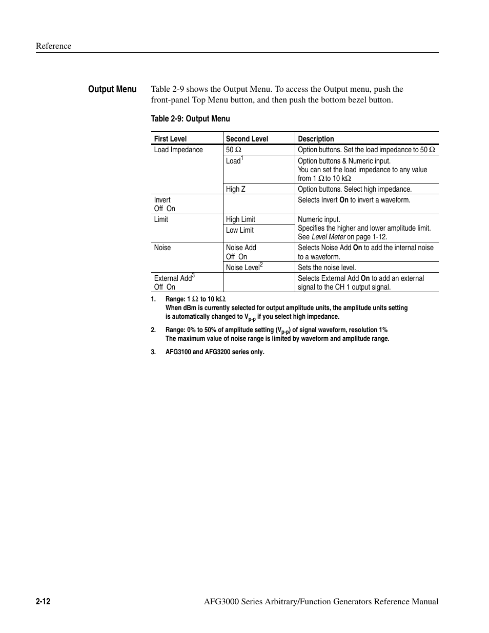 Table 2-9: output menu -12, R to table 2-9 | Tektronix AFG3000 User Manual | Page 52 / 230