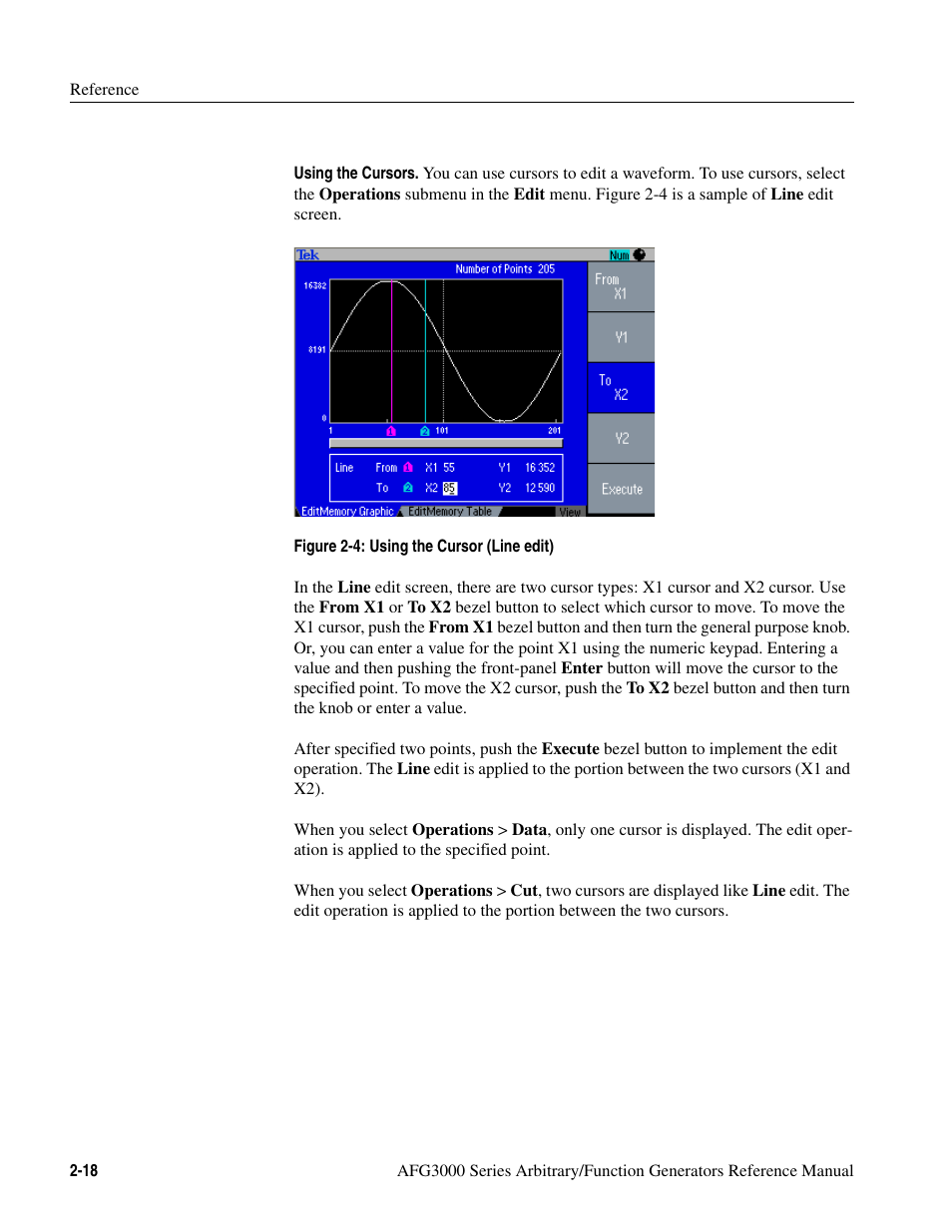 Figure 2-4: using the cursor (line edit) -18 | Tektronix AFG3000 User Manual | Page 58 / 230